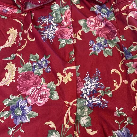 VTG Lady Manhattan CRANBERRY Floral Long Sleeve Snap Down Robe Sz Large - Picture 2 of 5
